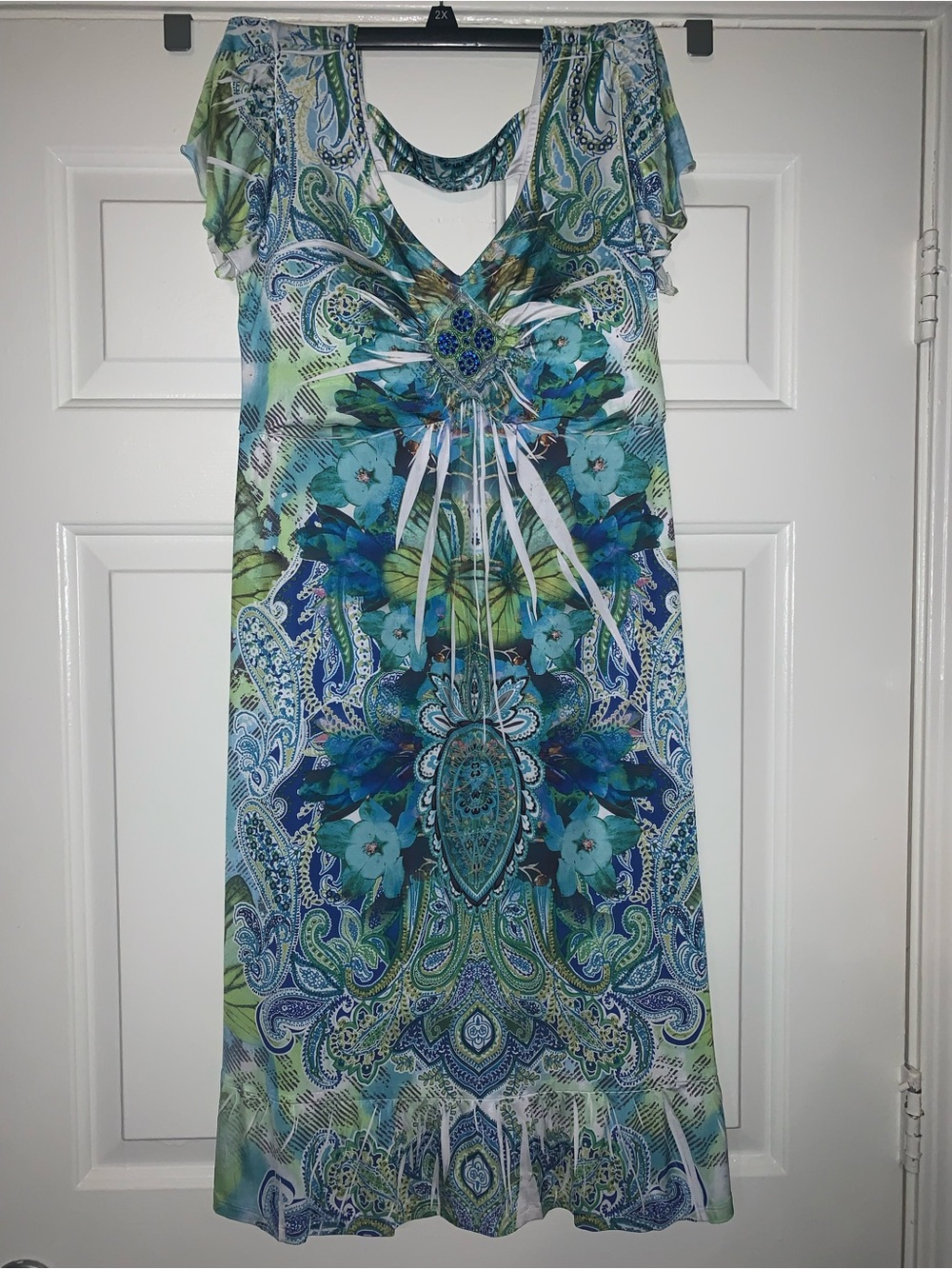 Floral Paisley V-Neck Midi Dress in Blue & Green